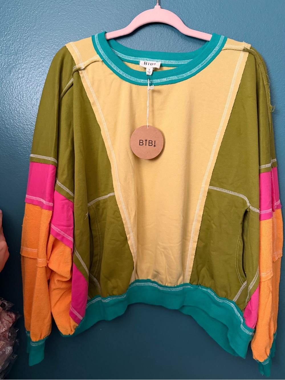 BiBi Colorblock Crewneck Sweater in Olive, Yellow, Teal, Pink & Orange
